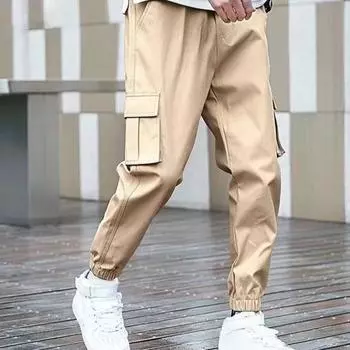 Yousheng Мужские брюки-карго с тонкими карманами на щиколотке и эластичной резинкой на талии Свободные однотонные спортивные штаны для тренировок в тренажерном зале больших размеров Длинные уличные брюки