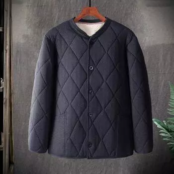 Yousheng Мужское пальто с V-образным вырезом и длинным рукавом, однобортная ветрозащитная теплая куртка, однотонная утолщенная бархатная подкладка, верхняя одежда XL темно-синий