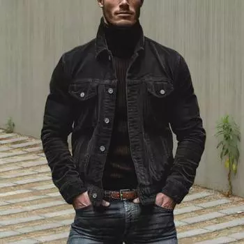 Yousheng Мужское весенне-осеннее пальто Вельветовое отложной воротник Свободная верхняя одежда Однобортное свободное пальто на пуговицах с длинным рукавом для свиданий Повседневная школа M армия зеленый