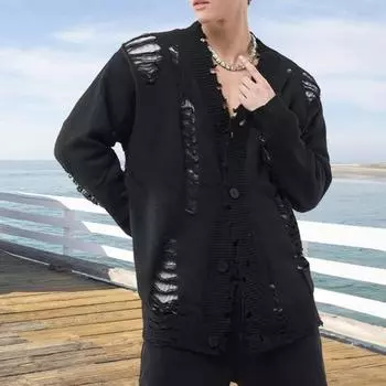 Yousheng мужской кардиган свитер пальто рваные сплошной цвет V-образный вырез однобортный ажурный трикотажный уличный стиль хип-хоп клубная вечеринка куртка M чёрный