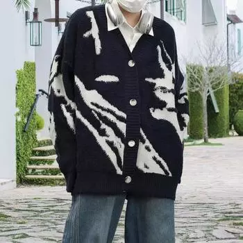 Yousheng мужской кардиган свитер ретро американский стиль V-образный вырез свободный однобортный контрастный цвет вязаный свитер пальто уличная куртка в стиле хип-хоп M серый