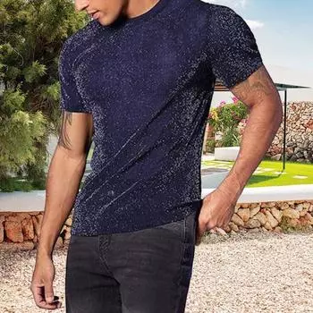 Yousheng Мужской Клубный Топ Прозрачная Сетка с Пайетками Круглый Вырез Короткие Рукава Эластичная Тонкая Футболка Мускулистая Мужская Футболка Для Вечеринок Выступлений S чёрный