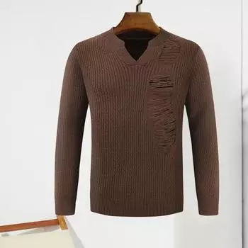 Yousheng мужской свитер осень-зима с рваными дырками, длинными рукавами, V-образным вырезом, эластичный однотонный пуловер, сохраняющий тепло, трикотаж, уличный рабочий свитер M кофейный