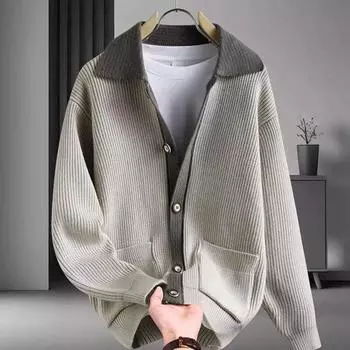 Yousheng Мужской свитер, пальто, плотный, цветной, с застежкой на пуговицы, отложным воротником, трикотажный, свободный, сохраняющий тепло, куртка, осенне-зимний кардиган, верхняя одежда M чёрный