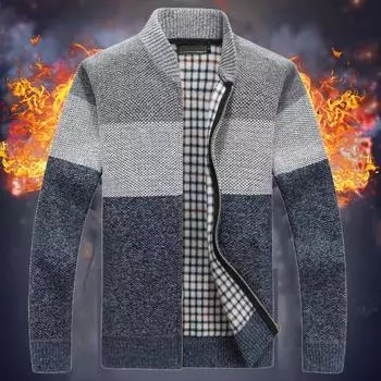 Yousheng мужской свитер пальто толстый плюш цветной блок застежка-молния воротник стойка трикотажная свободная сохраняющая тепло куртка осень зима кардиган верхняя одежда M красный