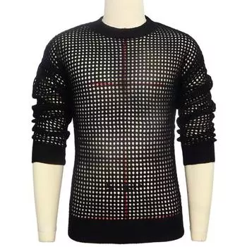 Yousheng мужской свитер с круглым вырезом, трикотажный, прозрачный, с длинными рукавами, тонкий, однотонный, для ночного клуба, вечеринки, выступления, футболка M чёрный