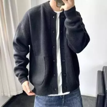 Yousheng Мужской трикотаж с круглым вырезом и длинными рукавами, однобортный однотонный кардиган, трикотажное пальто, свободная повседневная одежда, школьный свитер, куртка M абрикосовый