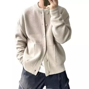 Yousheng Мужской трикотаж с круглым вырезом и длинными рукавами, однобортный однотонный кардиган, трикотажное пальто, свободная повседневная одежда, школьный свитер, куртка M чёрный