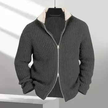 Yousheng мужской вязаный свитер с воротником-стойкой и застежкой-молнией, однотонный кардиган, трикотаж с длинными рукавами, толстый свитер, куртка для повседневной деловой одежды L темно-коричневого