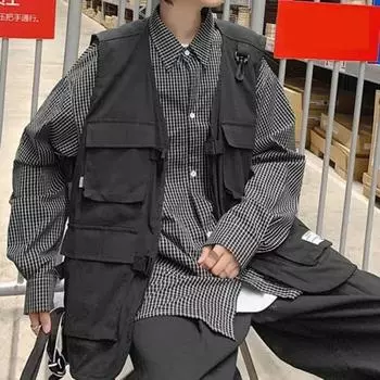 Yousheng мужской жилет без воротника без рукавов однотонный многокарманный жилет на молнии свободный покрой повседневный уличный жилет-карго M чёрный