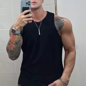 Yousheng мужской жилет из рубчатой ткани с круглым вырезом, облегающий однотонный топ, дышащий жилет для спорта, фитнеса, уличная одежда M чёрный