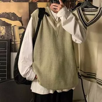 Yousheng мужской жилет свитер с V-образным вырезом без рукавов свободный цветной вязаный пуловер средней длины утолщенный свитер в деловом стиле XXL зелёный