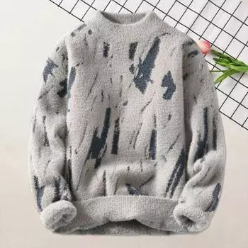 Yousheng мужской зимний свитер контрастного цвета с граффити толстый плюшевый полувысокий воротник эластичный трикотаж длинный рукав повседневная одежда школьный свитер для свиданий L белый