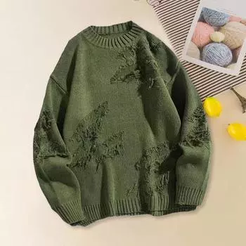 Yousheng мужской зимний свитер нерегулярный рваный дизайн круглый вырез трикотажный свободный длинный рукав толстый спортивный повседневный свитер M темно-серого