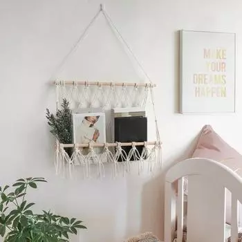 Yousheng Настенный декор в стиле макраме, полка для макраме ручной работы, подвесная книжная журнальная настенная живопись в стиле бохо с плетеной веревкой, декор для дома и офиса белый