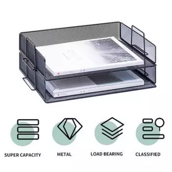 Yousheng Настольный стеллаж для хранения файлов Стеллаж для хранения документов Сортировщик для бумаги Настольный стеллаж для файлов с 2 лотками Сетчатая металлическая структура Органайзер для конвертов и документов Dual Layer чёрный