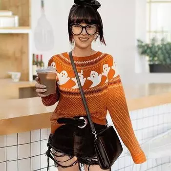 Yousheng O-образный вырез с длинными рукавами, ребристая отделка, свободный крой, женский свитер, осень-зима, Хэллоуин, призрачный горошек, вязаный пуловер, повседневная одежда XL жёлтый