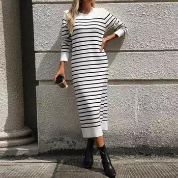 Yousheng Осень-Весна Женское Платье Круглый Вырез Полосатый Принт Облегающий Крой Длинные Рукава Прямой Длина До Середины Икры Трикотажное Платье Миди Для Свиданий На Работу M белый