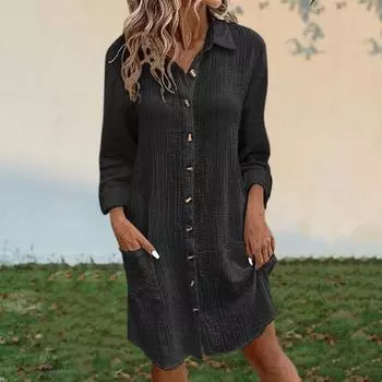 Yousheng Осень-Весна Женское Платье Отложной Воротник Свободный Длинные Рукава Однобортный Однотонный Рубашка Типа OL Платье Миди Для Езды На Работу XXL зелёный