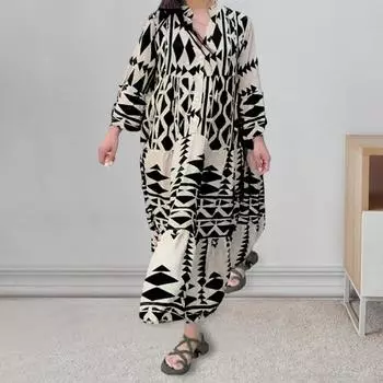 Yousheng Осень-Весна Женское Платье Со Стоячим Воротником Цвета Напечатанный Богемный Однобортный Плиссированный Лоскутный А-силуэт Свободное Макси Платье 2XL синий
