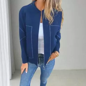 Yousheng осень-весна женская куртка с круглым вырезом, однотонная, с длинными рукавами, на молнии, бейсбольное пальто, свободный кардиган, повседневная одежда для отдыха на природе, пальто для шопинга S чёрный