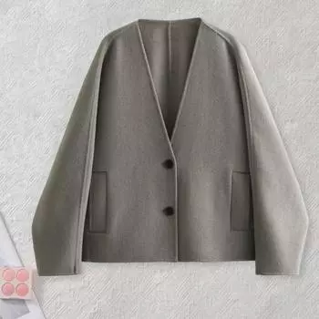 Yousheng осень-весна женская куртка свободный V-образный вырез карманы двойная застежка на пуговицы теплое свободное шерстяное пальто средней длины для шопинга верхняя одежда для поездок на работу L серый