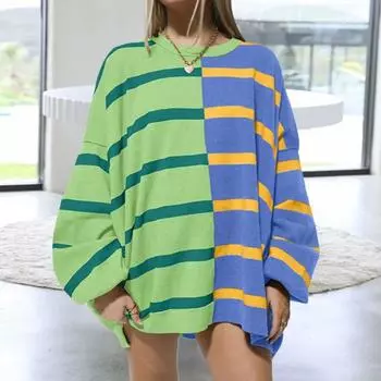 Yousheng осень-весна женская толстовка с цветными блоками, полосатым принтом, круглым вырезом, свободный пуловер, трикотажный свитер средней длины, повседневная одежда, топ 2XL кофейный