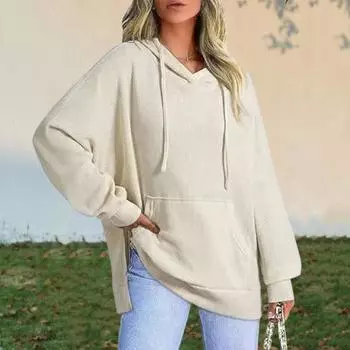 Yousheng осень-весна женская толстовка с капюшоном, большим карманом, завязками на шнурке, свободным разрезом, однотонная вафельная текстура, трикотажный свободный спортивный топ L абрикосовый