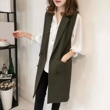 Yousheng осень-весна женский жилет с отложным воротником двубортный свободный без рукавов длиной до колена карманы кардиган однотонный повседневный жилет пальто XL армия зеленый