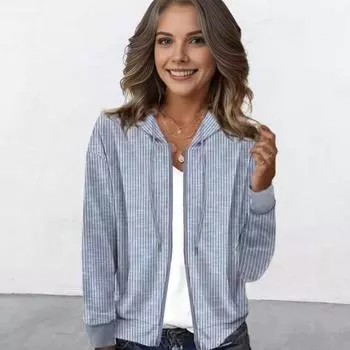 Yousheng осень-весна женское пальто в полоску с капюшоном и длинными рукавами на застежке-молнии кардиган свободная повседневная куртка для поездок на работу 2XL серый