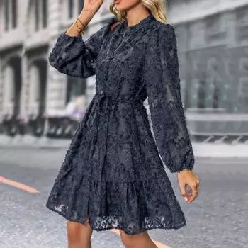 Yousheng осень-весна женское платье круглый вырез кружевная аппликация длинные рукава застежка на пуговицы шнуровка ремень тонкая талия А-силуэт большой подол свидание вечеринка миди платье L