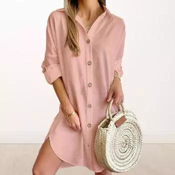 Yousheng осень-весна женское платье рубашечного типа однобортное с разрезом по низу свободное однотонное платье с пуговицами и запонками длиной выше колена мини-платье L розовый