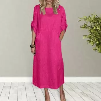 Yousheng осень-весна женское платье с коротким рукавом и запонками вокруг шеи однотонное свободное платье миди с большим карманом для повседневного ношения M темно-красного