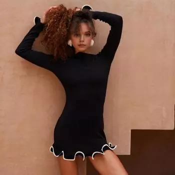 Yousheng осень-весна женское платье с оборками по подолу и манжетами облегающее платье с длинными рукавами однотонное трикотажное эластичное мини-платье для выпускного вечера S белый