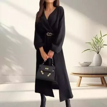 Yousheng осень-весна женское платье V-образный вырез длинные рукава высокая талия разрез подол свободный однотонный OL макси платье для поездок на работу свиданий M чёрный