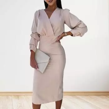 Yousheng осень-весна женское платье V-образный вырез рукава-фонарики формальный деловой стиль облегающий сплошной цвет высокая талия OL коммутирующее офисное миди платье S хаки