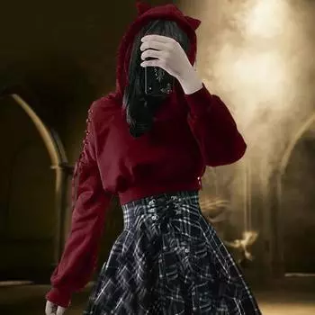 Yousheng осень женская свободная толстовка с капюшоном на Хэллоуин спортивная с вырезом на шнуровке с открытыми плечами длинный рукав декор кошачьими ушками укороченная толстовка с капюшоном XL