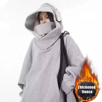 Yousheng осень-зима мужская толстовка с капюшоном большого размера с длинными рукавами однотонная хип-хоп высокий воротник большой накладной карман эластичные манжеты средняя длина теплый топ M темно-серого