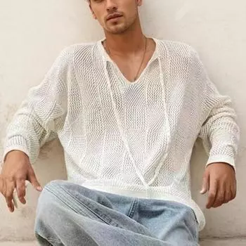Yousheng осень-зима мужской свитер ажурный эластичный шнурок с длинными рукавами однотонный трикотажный пуловер топ с V-образным вырезом средней длины теплый трикотаж M чёрный