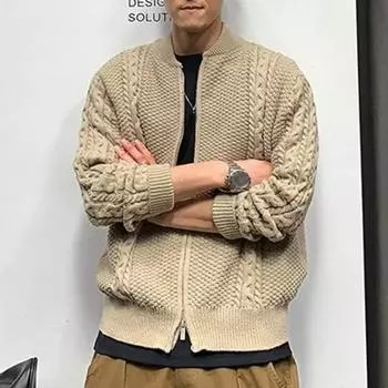 Yousheng осень-зима мужской свитер кардиган круглый вырез вязать толстый эластичный длинный рукав свободный теплый однотонный трикотаж на молнии повседневная одежда свитер пальто M хаки