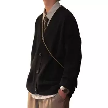 Yousheng осень-зима мужской свитер кардиган V-образный вырез трикотажный толстый эластичный длинный рукав свободный стиль преппи теплый однотонный трикотаж повседневная одежда свитер пальто L чёрный