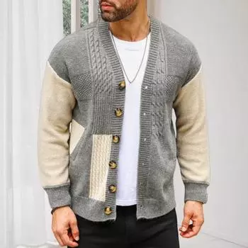 Yousheng осень-зима мужской свитер пальто с карманами однобортный V-образный вырез цветные пуговицы трикотажные длинные рукава эластичный трикотаж плотная куртка M серый