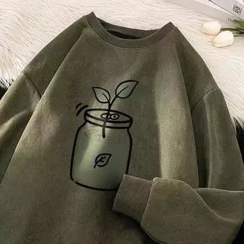 Yousheng осень зима мужской топ с круглым вырезом свободный чистый цвет растительный принт эластичные манжеты пуловер средней длины спортивная повседневная одежда школьная толстовка M чёрный