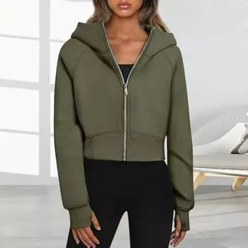 Yousheng осень-зима женская толстовка с капюшоном, короткая, плотная, плюшевая, однотонная, на молнии, с длинными рукавами, свободные эластичные манжеты, подол, спортивная, повседневная, офисная, спортивная куртка S армия зеленый