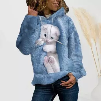 Yousheng осень-зима женская толстовка с капюшоном с 3D принтом животных, свободный толстый плюш, мягкий теплый длинный рукав, свитер средней длины, эластичные манжеты, повседневный топ S