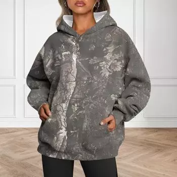 Yousheng осень-зима женская толстовка с капюшоном с принтом листьев, большим карманом, длинными рукавами, толстая теплая свободная камуфляжная повседневная спортивная футболка L 1