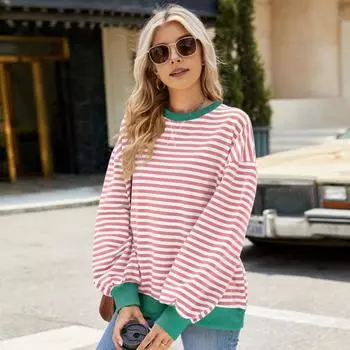 Yousheng осень-зима женская толстовка с круглым вырезом в полоску с контрастным цветом и длинными рукавами свободный пуловер с эластичными манжетами повседневная одежда топ L