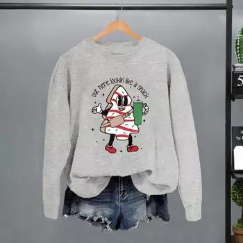 Yousheng Осень-зима Женская толстовка с принтом из мультфильмов, эластичные манжеты и подол, свободный круглый вырез, свитер средней длины, повседневная спортивная одежда M зелёный