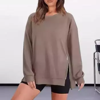 Yousheng осень-зима женская толстовка с застежкой-молнией, разрезом по низу, круглым вырезом, свободные толстые длинные рукава, однотонные эластичные манжеты, средняя длина, повседневный спортивный топ XL