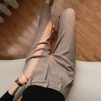 Yousheng Осень Зима Женские Брюки Высокая Талия Пуговицы Молния Летучая Елочка Шерстяной Ткани Костюм Брюки Сплошной Цвет Длинные Брюки с Карманами S хаки